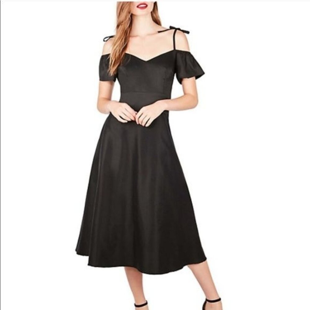Betsey Johnson Black Midi Tea Dress‎ 6 Off Shoulder Pockets Formal LBD